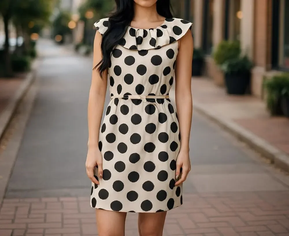 Kate Spade dress 100% silk ruffle collar belted polka dot sheath brown cream 6